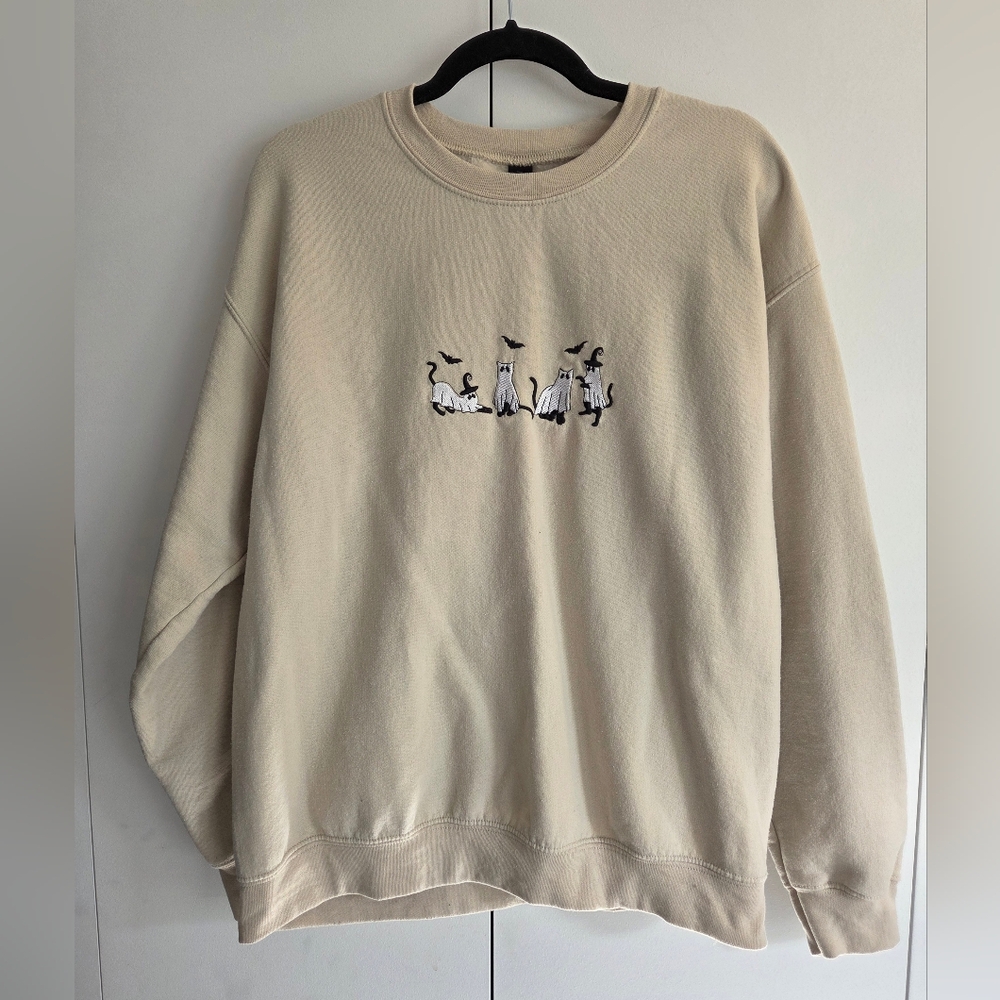 Custom Made Embroidered Ghost Cat Crewneck Sweater